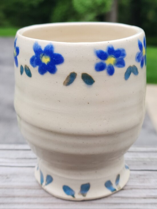 Hand Crafted Other - Studio Pottery Stemless Wine Glass Tumbler Mug Floral Signed 12oz White Blue